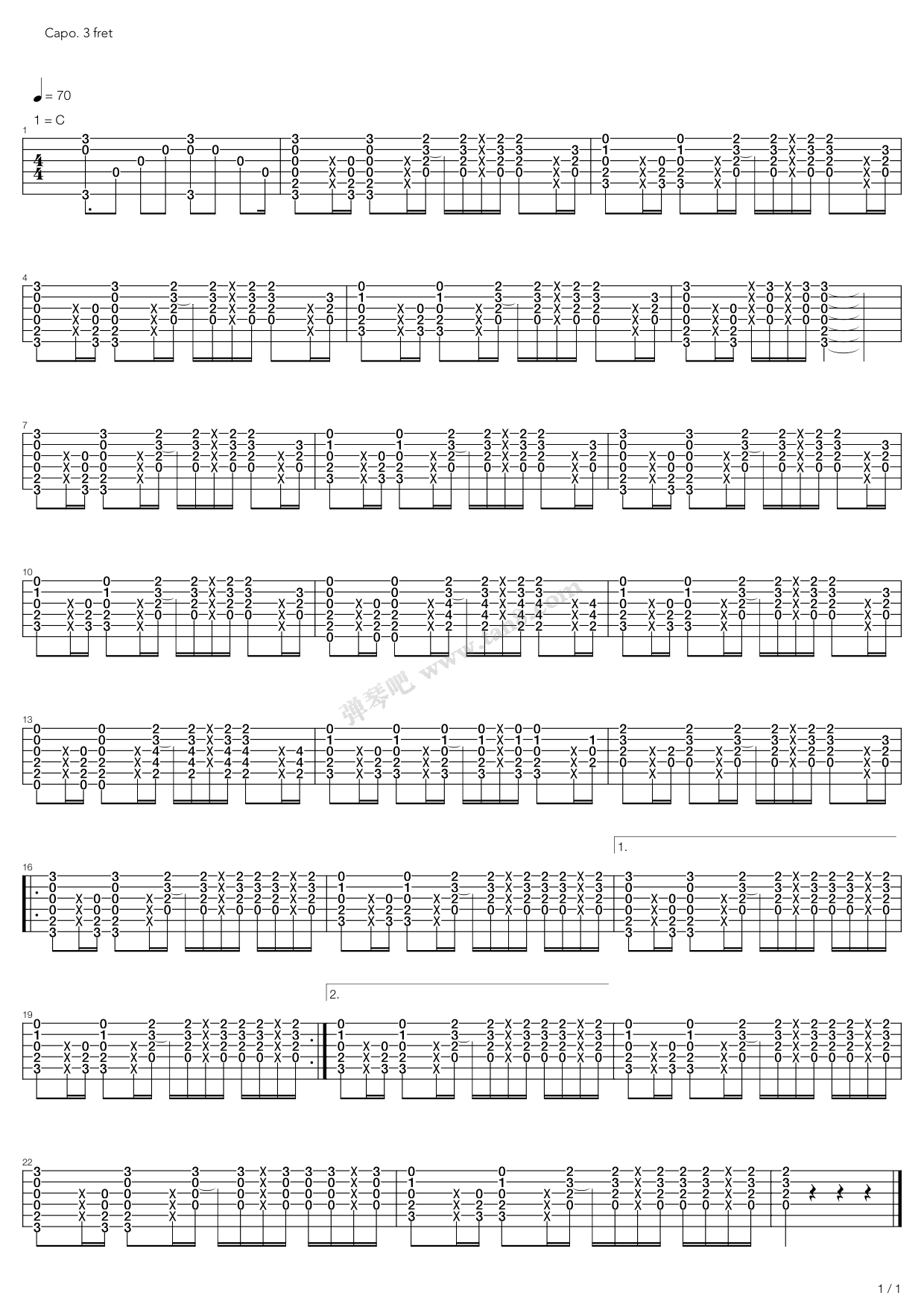 天平[傻哥歌-完整班-包括前奏]吉他谱 第1页