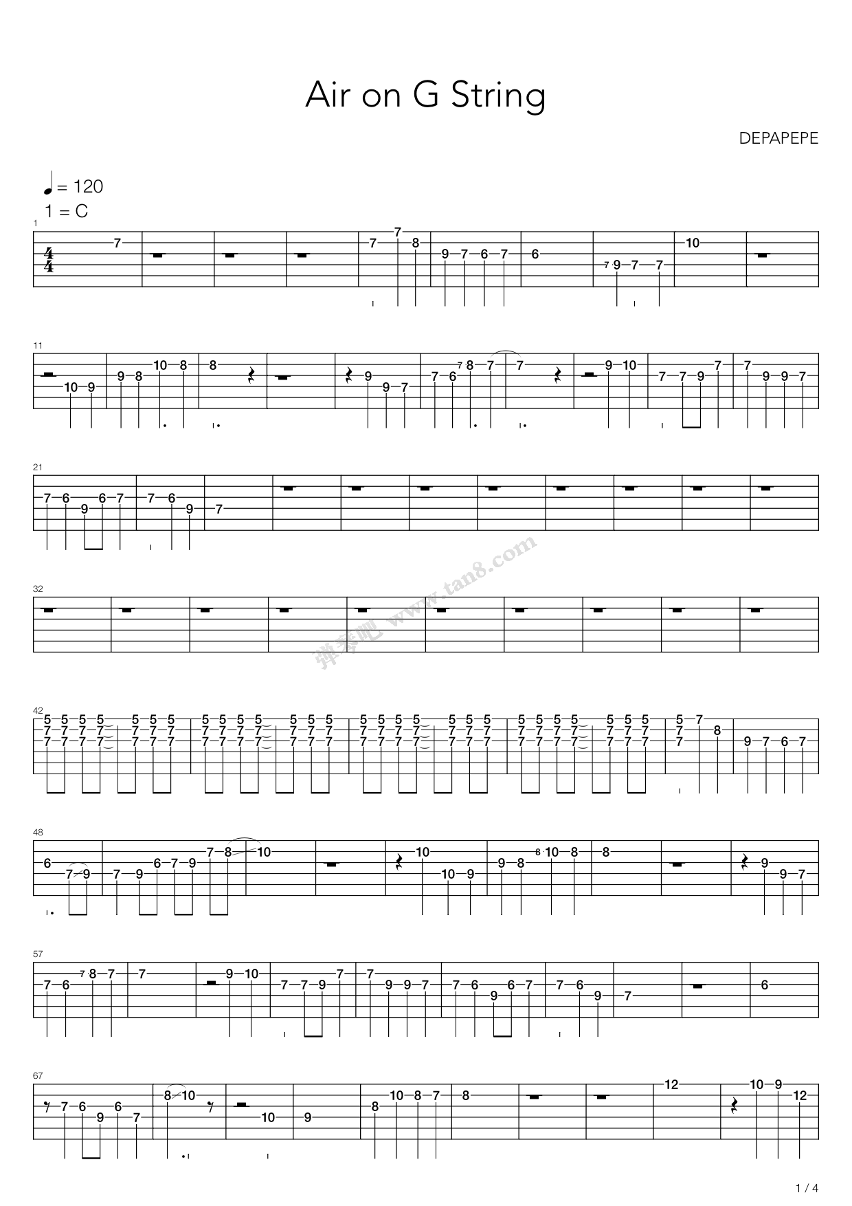 G弦上的咏叹调（指弹版，Depapepe）吉他谱 第1页
