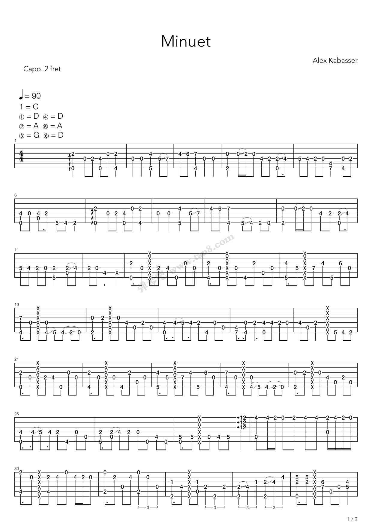 Minuet（指弹版，郑成河）吉他谱 第1页