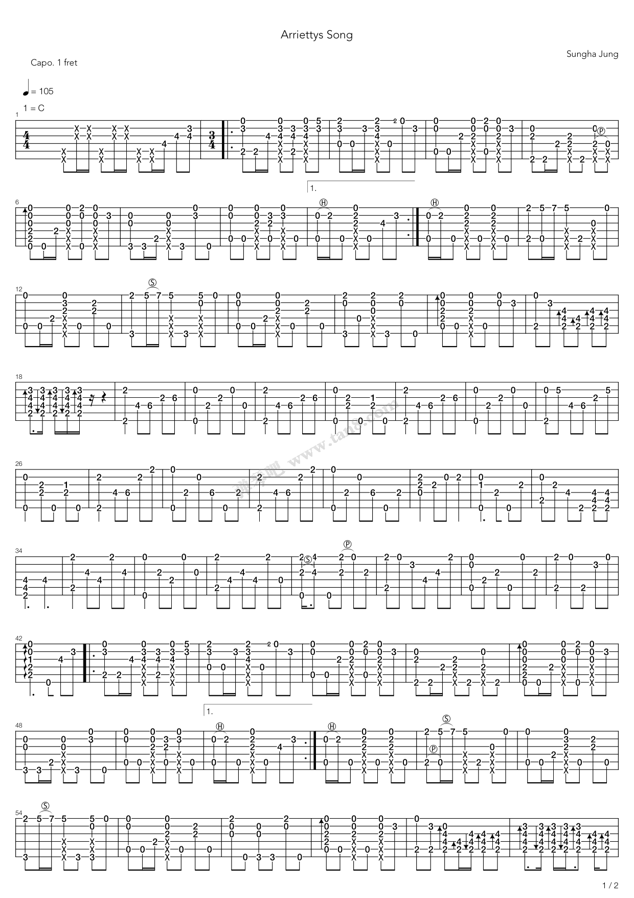 Arriettys Song（借东西的小人阿莉埃蒂指弹版，郑成河）吉他谱 第1页